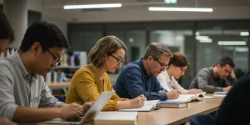 Adult learners studying in a modern library with books and laptops