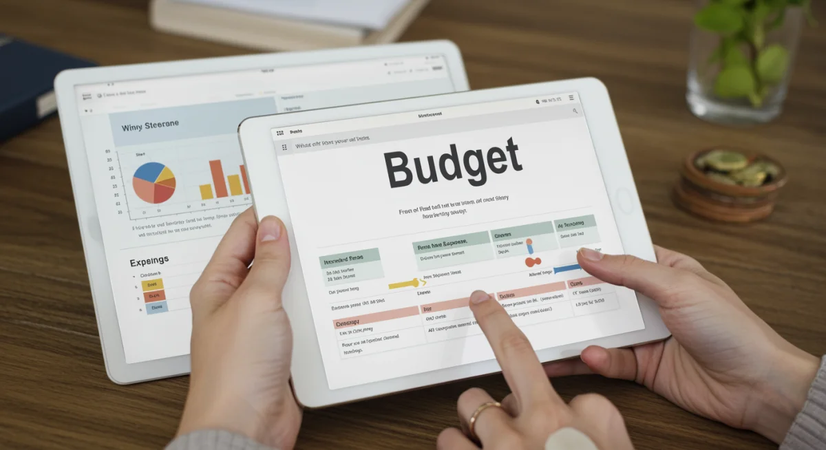 Detailed budget spreadsheet on a tablet for financial realignment