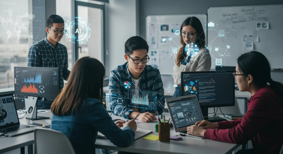 Diverse students collaborating on a project, utilizing AI-powered tools for enhanced problem-solving and critical thinking.