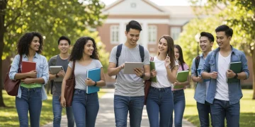 College students walking on campus with books, symbolizing educational opportunities and financial aid.