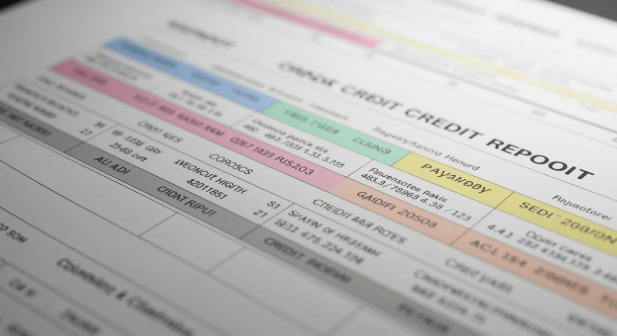 Close-up of a credit report highlighting payment history and credit utilization, crucial for credit score improvement.