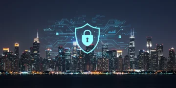 Futuristic digital shield protecting a cityscape, symbolizing cybersecurity market growth and emerging threats in 2025.