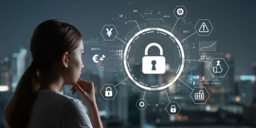 Digital security interface with padlock and financial warnings, symbolizing scam prevention in 2025.