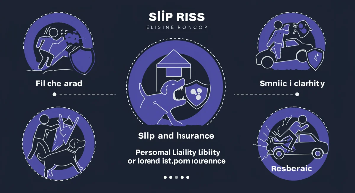 Illustration of diverse risks covered by personal liability insurance, such as accidents, dog bites, and property damage.