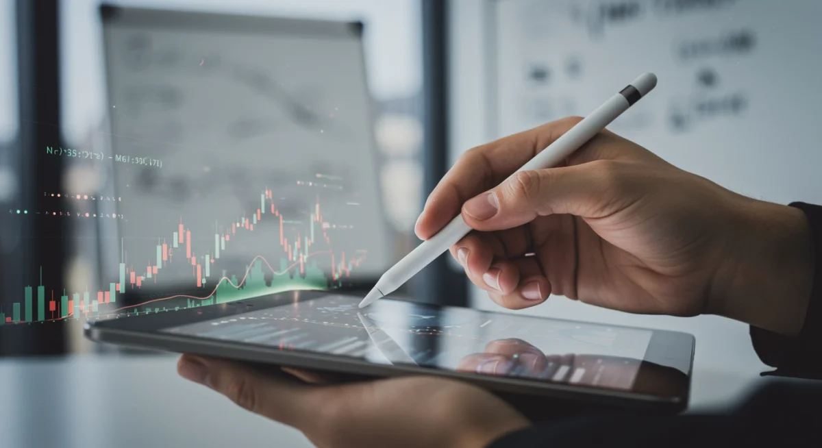 Analyzing economic data on a digital tablet, showing detailed financial trends.