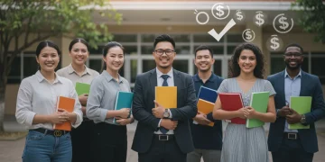 Teachers smiling with financial relief symbols, representing educator loan forgiveness.
