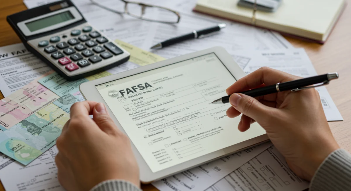 Person meticulously filling out FAFSA form on tablet with financial documents