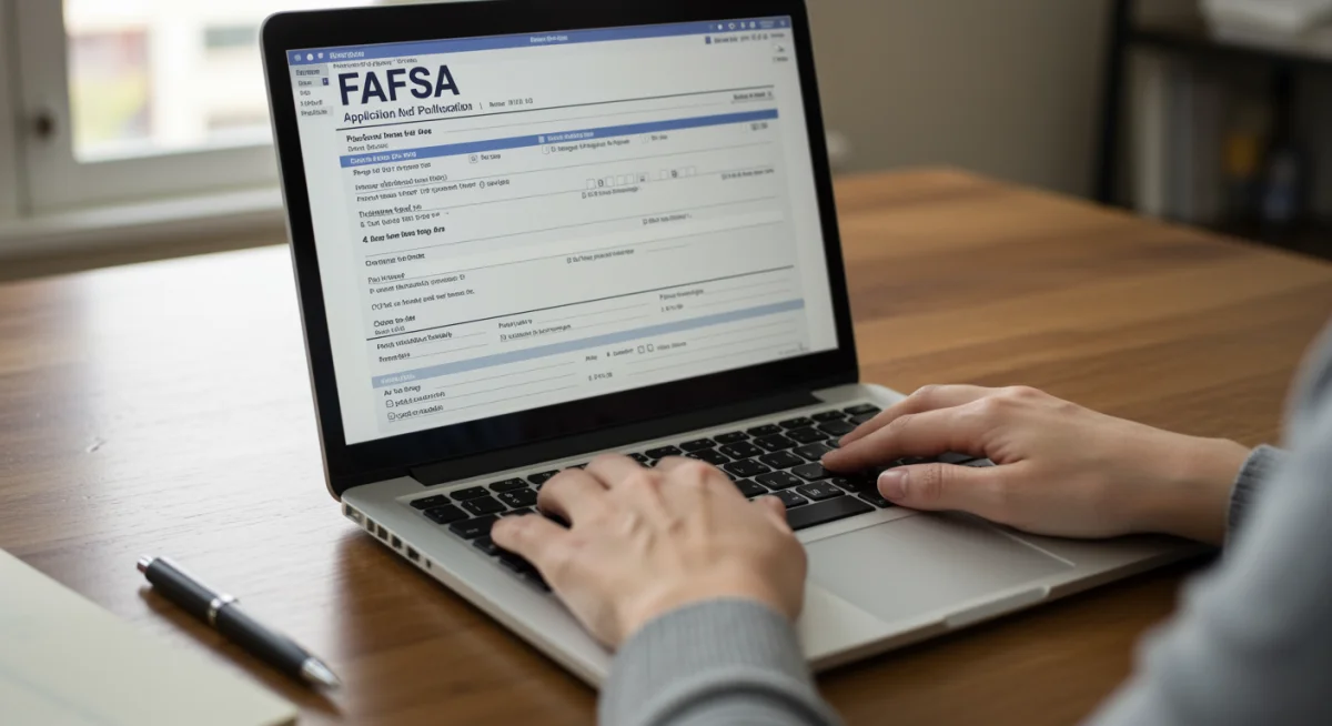 Person filling out the FAFSA application on a laptop, demonstrating the grant application process.