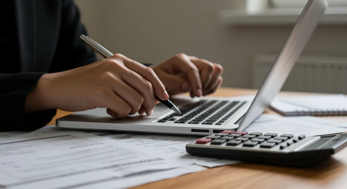 Person filling out FAFSA form on a laptop, surrounded by financial documents for student aid application.