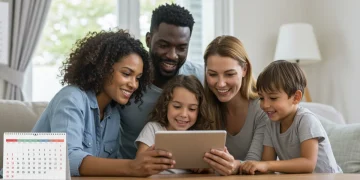 Family reviewing financial documents, illustrating careful planning for the 2025 Child Tax Credit