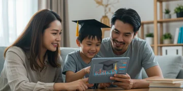 Parents and child planning college savings on a tablet with financial data.