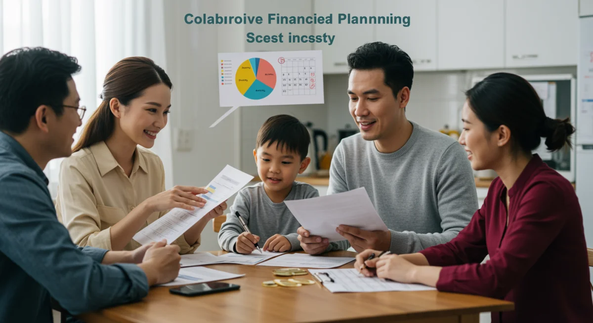 Family at kitchen table reviewing budget pie chart, discussing financial planning strategies.