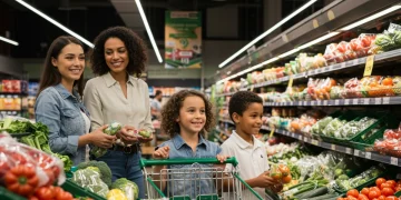Family grocery shopping with fresh produce