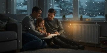 Family staying warm at home during winter with energy assistance