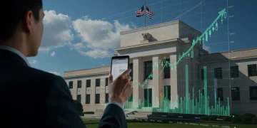 Federal Reserve building with a financial graph overlay showing interest rate projections for 2025