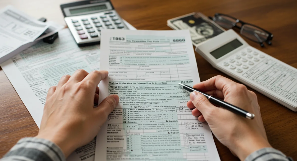 Hands filling out Form 8863 for education credits, illustrating the tax filing process.