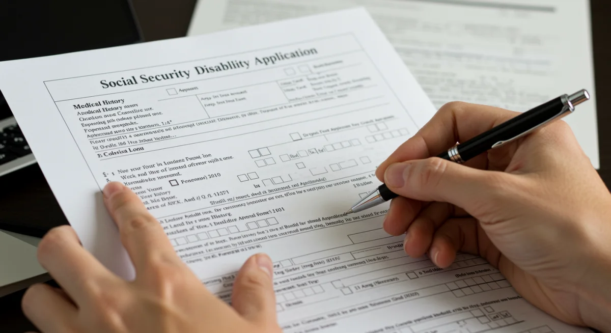 Hands filling out Social Security Disability application form