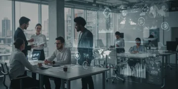 Professionals collaborating in a futuristic office, showcasing essential skills for the 2025 job market.