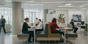 Diverse professionals collaborating in a modern hybrid work environment, utilizing technology.