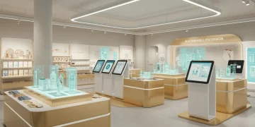 Futuristic retail store showcasing AI, holographic displays, and sustainable products.