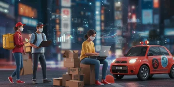 Diverse gig workers thriving in a technologically advanced urban landscape by 2025.