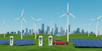 Futuristic cityscape showcasing renewable energy and electric vehicles in a thriving green economy.