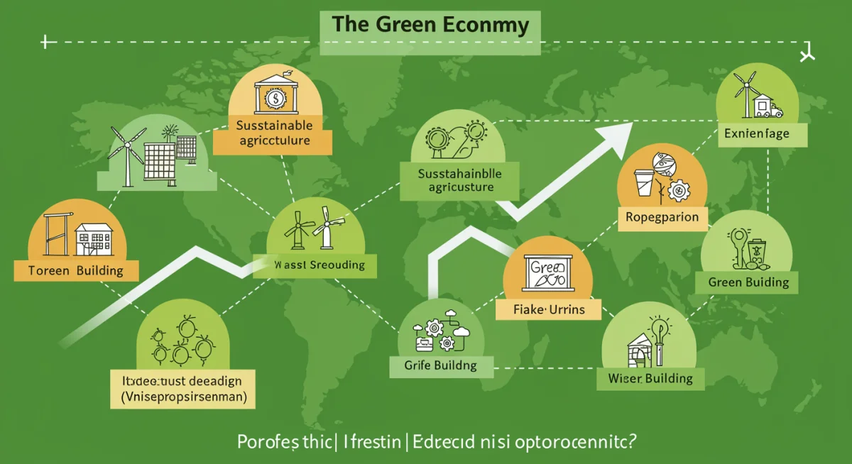 Infographic showing diverse green economy sectors and job growth.