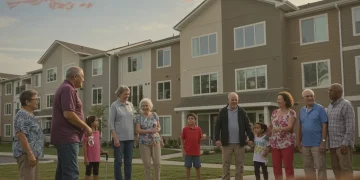 Diverse families and individuals benefiting from housing programs, outside a modern affordable housing complex.