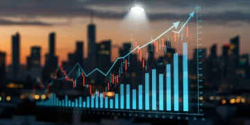 Financial charts and graphs representing market volatility with a city skyline background.