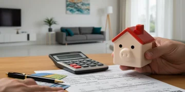 Hand holding house piggy bank, calculator, and mortgage documents for refinancing decisions