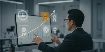 Professional displaying confidence with digital certifications on screen, indicating career growth.