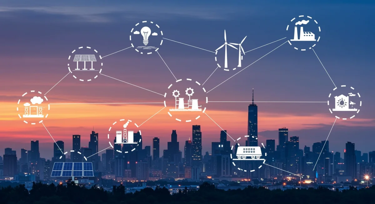 Renewable energy infrastructure with solar panels and wind turbines, symbolizing green investment.