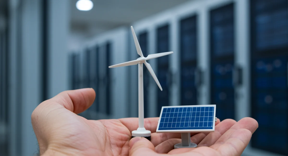 Hands holding miniature wind turbine and solar panel, symbolizing renewable energy technology.