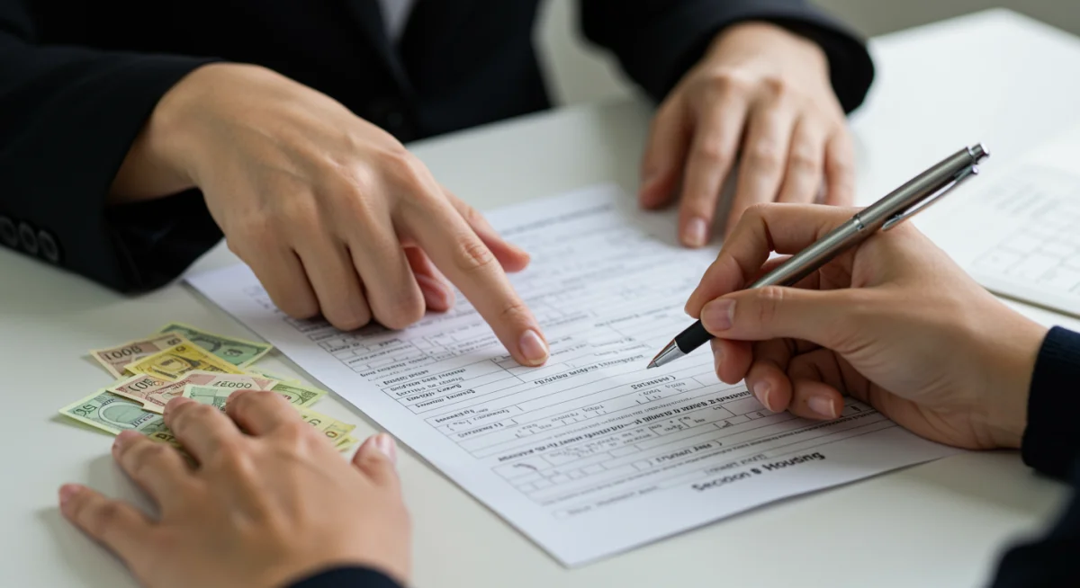 Housing counselor assisting an applicant with a Section 8 application form, highlighting key eligibility criteria.
