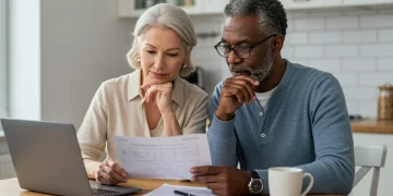 Senior couple reviewing Social Security spousal benefits information on a laptop