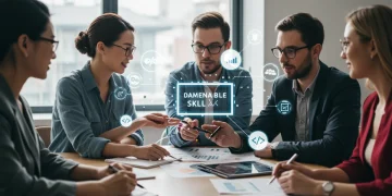 Professionals collaborating, surrounded by digital skill icons representing skill-based hiring in 2025