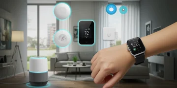 Smart home living room with person wearing a smartwatch, illustrating consumer technology adoption.