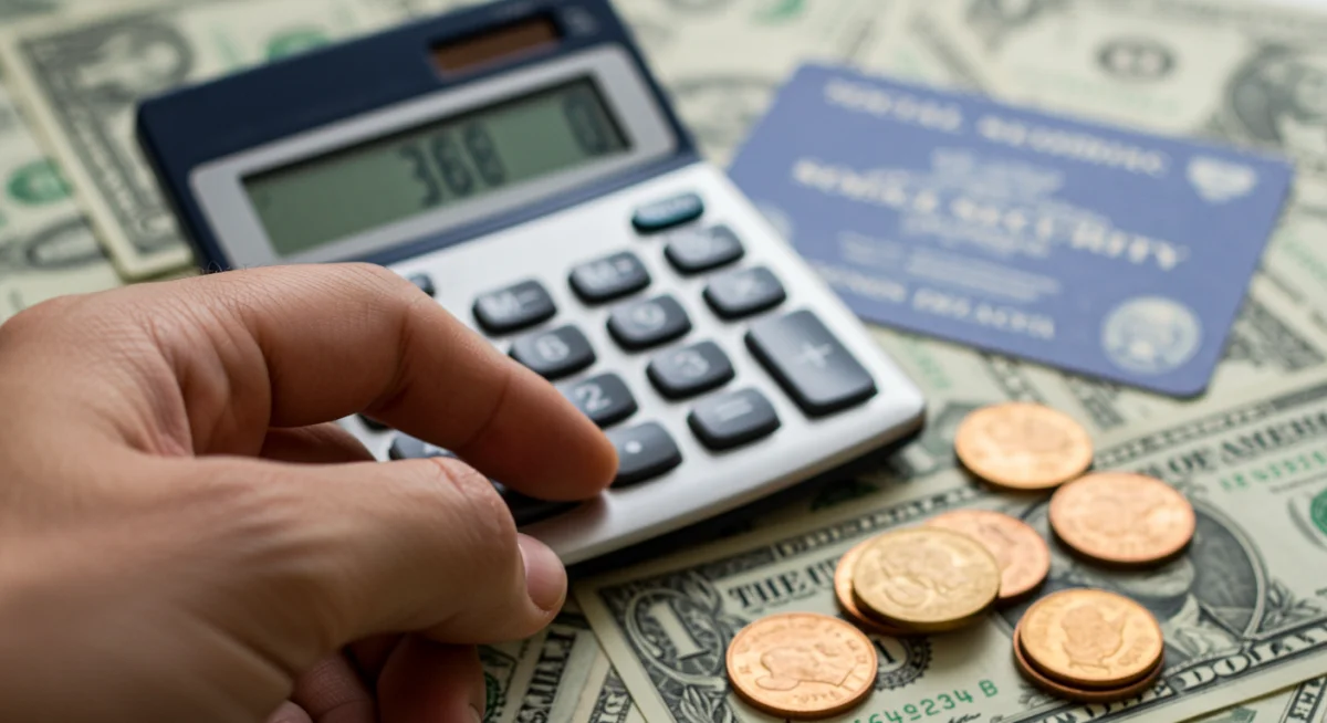 Hand using calculator with Social Security card and money, illustrating benefit calculations