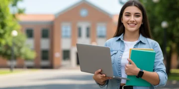 College student smiling on campus with textbooks, symbolizing the American Opportunity Tax Credit benefits.