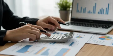 Hands calculating student loan refinancing options on a desk with financial documents.