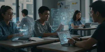 Students learning with AI in a futuristic classroom, interacting with holographic displays and smart devices.