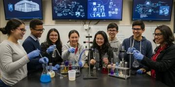 Students enthusiastically conducting a science experiment in a modern lab