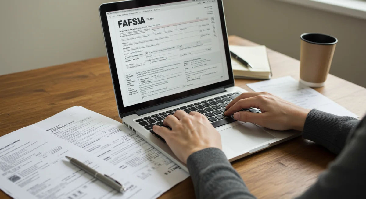 Hands typing on laptop with FAFSA form and documents