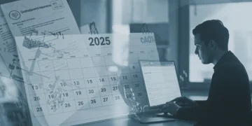 Calendar showing 2025 with unemployment documents and a person silhouette