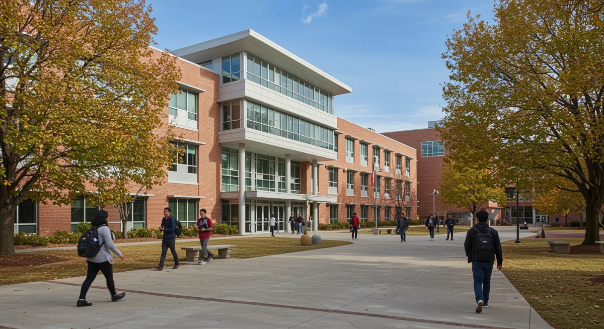 University campus with students walking towards a modern building