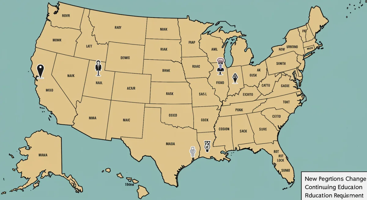 US map showing varied 2025 CE requirement changes by state