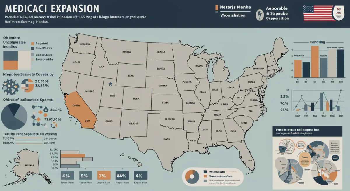 Map of U.S. states showing Medicaid expansion status and coverage data