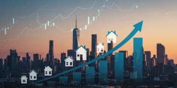 Illustration of a rising real estate market graph with house icons and a city skyline, representing a potential rebound in the US housing market.