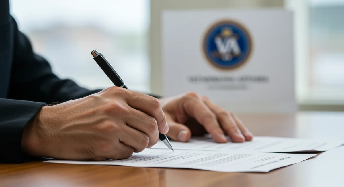 Veteran signing documents for new healthcare access and compensation.