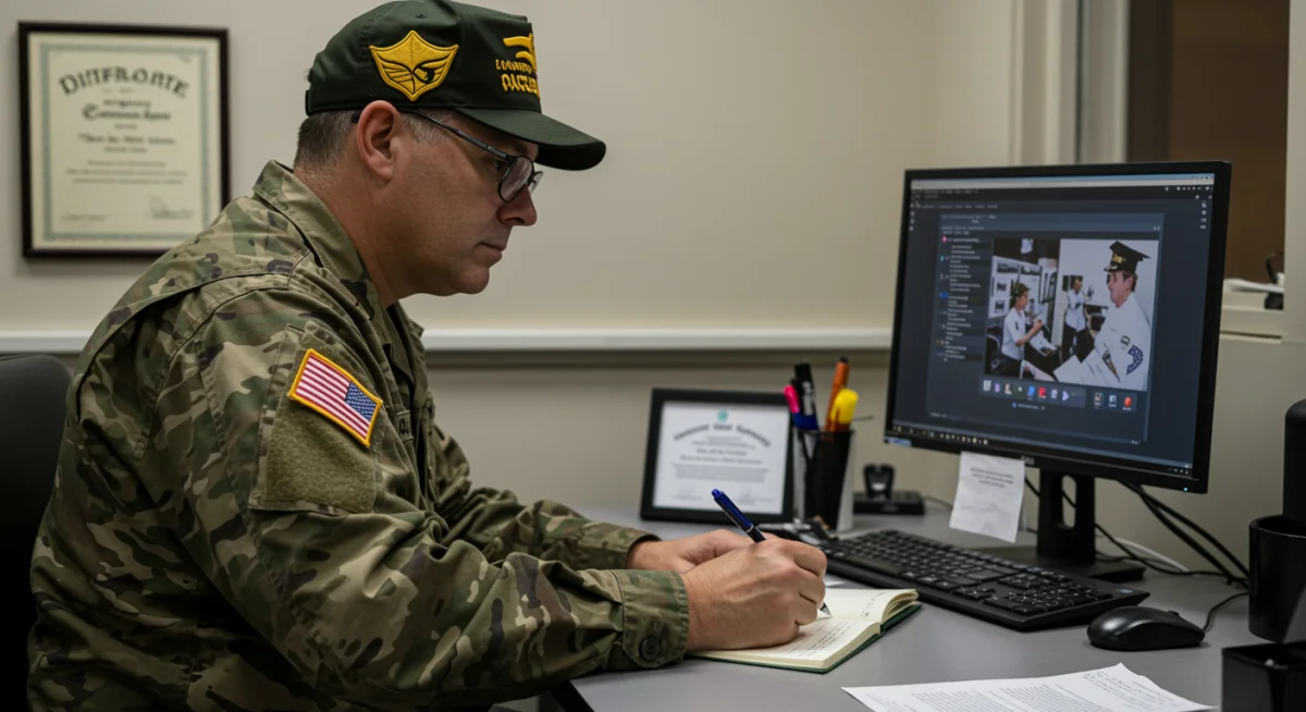 Veteran reviewing vocational training options on a computer